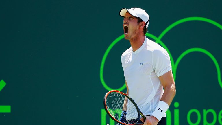 Andy Murray reacts to a lost point against Novak Djokovic  in the Miami Open final on at Crandon Park Tennis Center on April 5, 2015