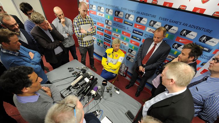 Arsenal manager Arsene Wenger attends a press conference at London Colney in St Albans, England.