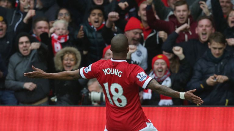 Ashley Young of Manchester United celebrates scoring their first goal 