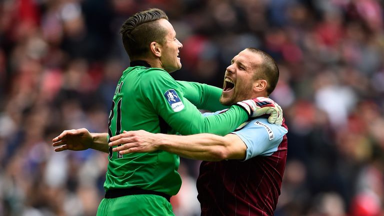 LONDON, ENGLAND - APRIL 19:  Shay Given and Ron Vlaar of Aston Villa celebrate victory after the FA Cup Semi Final between Aston Villa and Liverpool at Wem