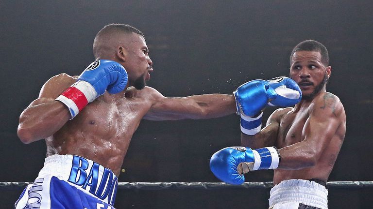 Badou Jack connects with Anthony Dirrell during a super middleweight fight at the UIC Pavilion on April 24, 2015 in Chicago