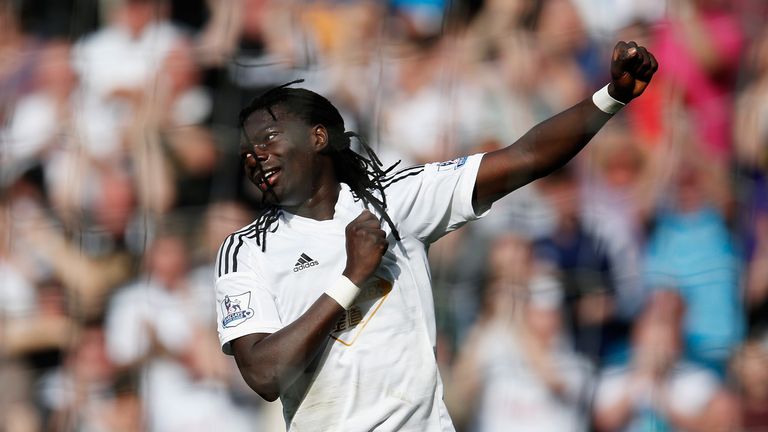 Bafetimbi Gomis of Swansea City celebrates his second goal during the Barclays Premier League match between Swansea City and Hull