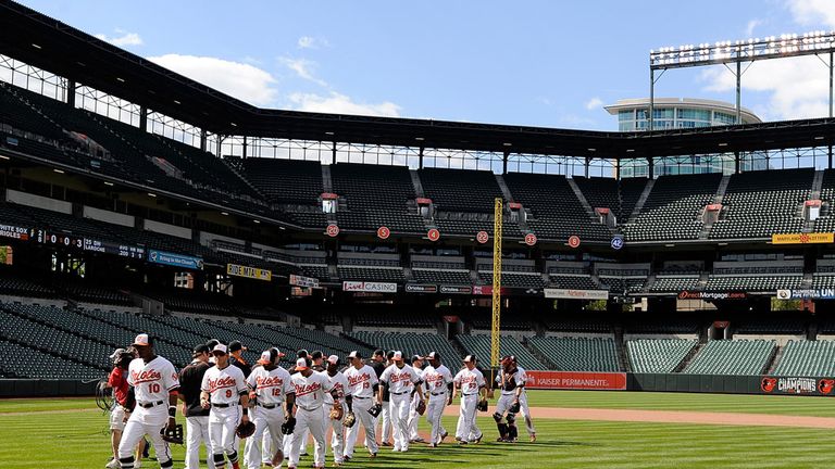 Baltimore Orioles celebrate victory in front of an empty stadium