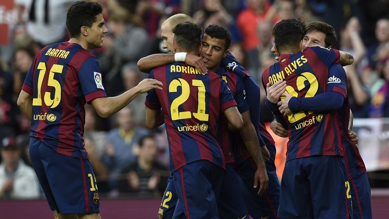 Barcelona's players celebrate after scoring a goal during the Spanish league football match FC Barcelona vs Getafe 
