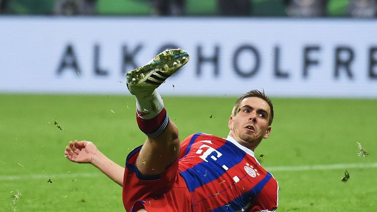 MUNICH, GERMANY - APRIL 28:  Philipp Lahm of Muenchen slips over during the penalty shoot out during the DFB 
