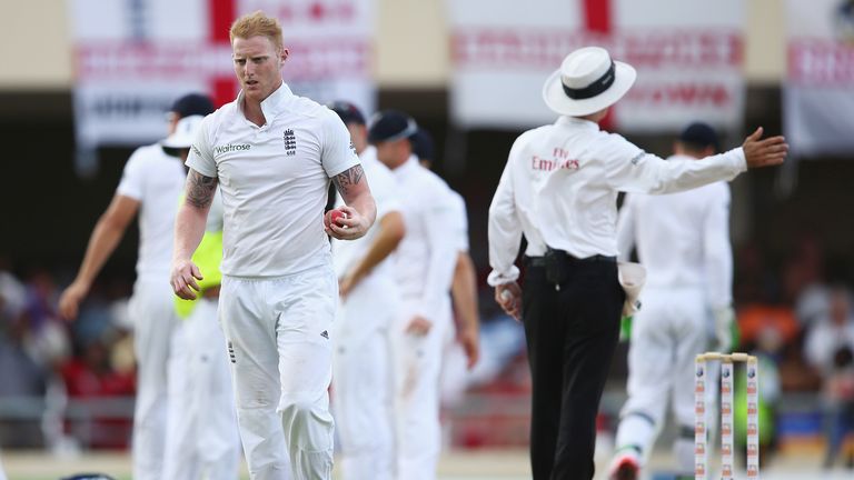 ANTIGUA, ANTIGUA AND BARBUDA - APRIL 14:  Ben Stokes of England shows his frustration after a 'No Ball' was called by umpire Billy Bowden