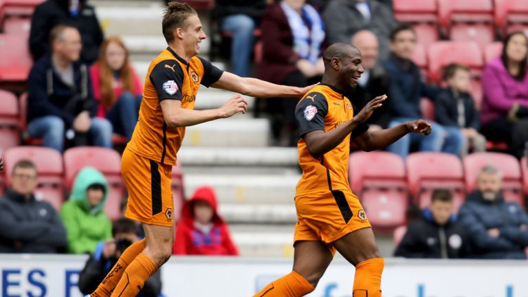 Wolverhampton's Benik Afobe (right) celebrates his goal with Dave Edwards during the Sky Bet Championship match at the DW Stadium, Wigan.