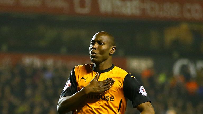 WOLVERHAMPTON, ENGLAND - MARCH 17:  Benik Afobe of Wolves celebrates scoring the second goal during the Sky Bet Championship match between Wolverhampton Wa