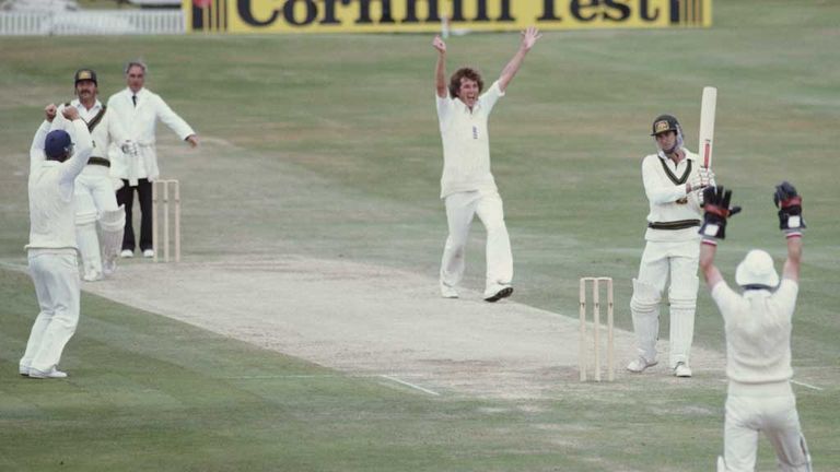 Bob Willis celebrates the wicket of John Dyson at Headingley in 1981