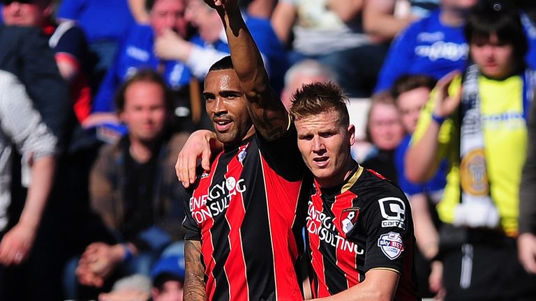 Callum Wilson of AFC Bournemouth (L) celebrates after scoring his side's second goal