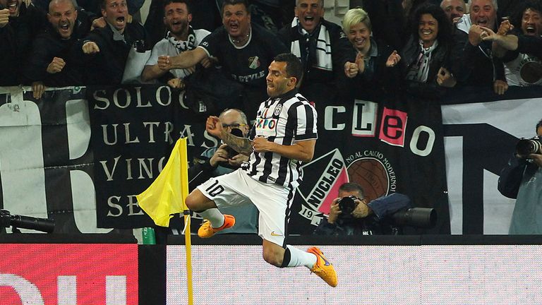  Carlos Tevez of Juventus FC celebrates after scoring the opening goal during the Serie A match between Juventus FC and SS Lazio 