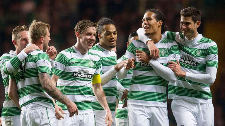 Celtic's Stefan Johansen celebrates with team-mates after scoring against Partick