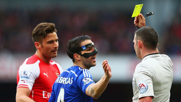 Olivier Giroud, Cesc Fabregas, booking, Arsenal v Chelsea, Premier League