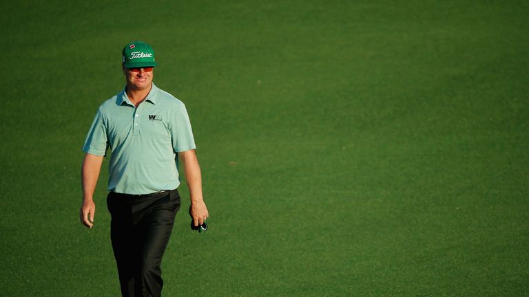 Charley Hoffman of the United States walks to the second green during the first round of the 2015 Masters Tournament at Augusta National