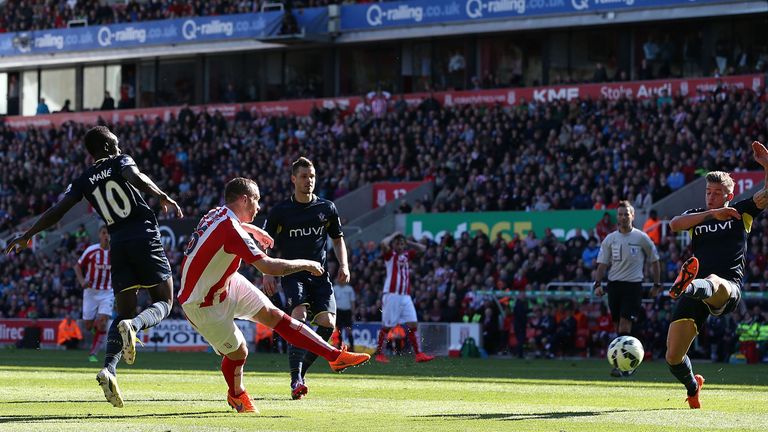 Stoke's Charlie Adam scores his team's second goal against Southampton