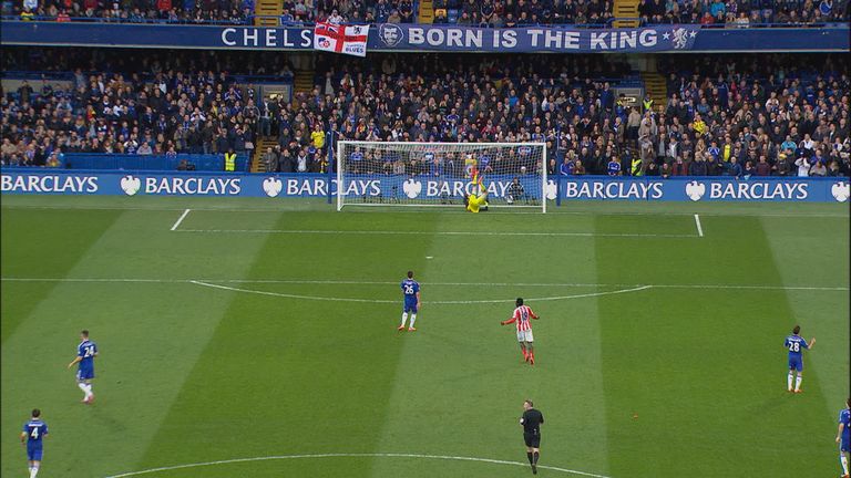 Thibaut Courtois falls into his net after conceding from Charlie Adam's long-range effort