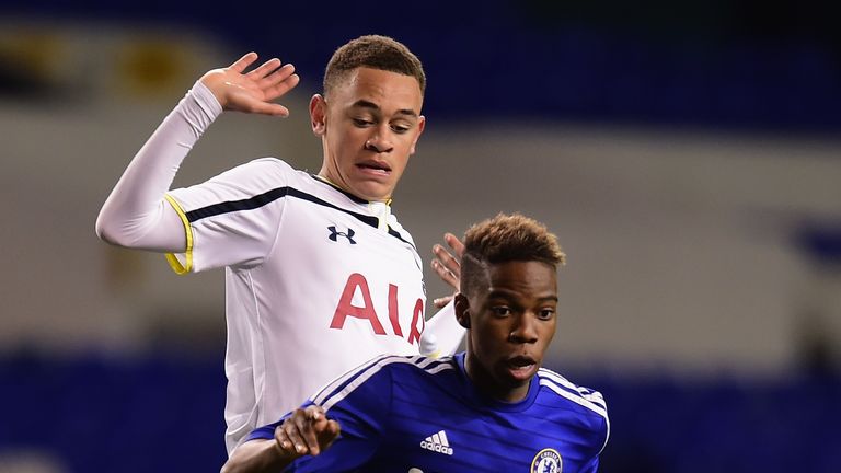 Charly Musonda of Chelsea battles with Luke Amos of Spurs during the FA Youth Cup Semi Final, first leg match between Tottenham Hotspur