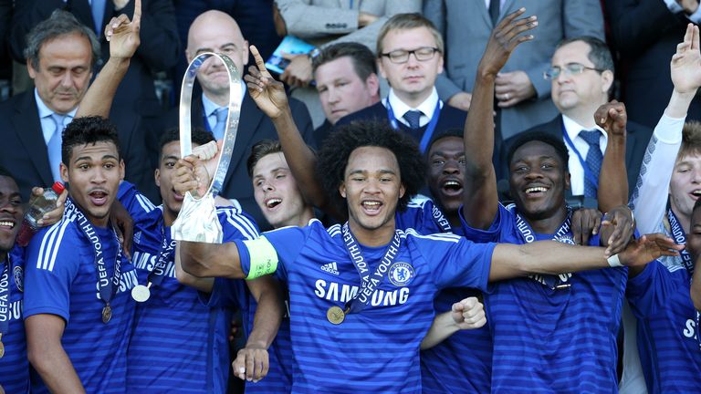 NYON, SWITZERLAND - APRIL 13: Isaiah Brown of Chelsea FC (C) and his teammates celebrate with the Lennart Johansson trophy after the UEFA Youth League Fina