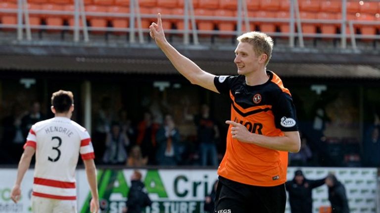 Chris Erskine celebrates after putting Dundee United ahead against Hamilton.