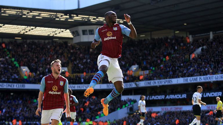 Christian Benteke celebrates after scoring for Aston Villa against Tottenham