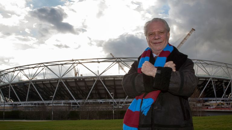 LONDON, ENGLAND - MARCH 24:  West Ham United Chairman David Gold poses for photographers outside the olympic stadium during a Lycamobile & West Ham United 