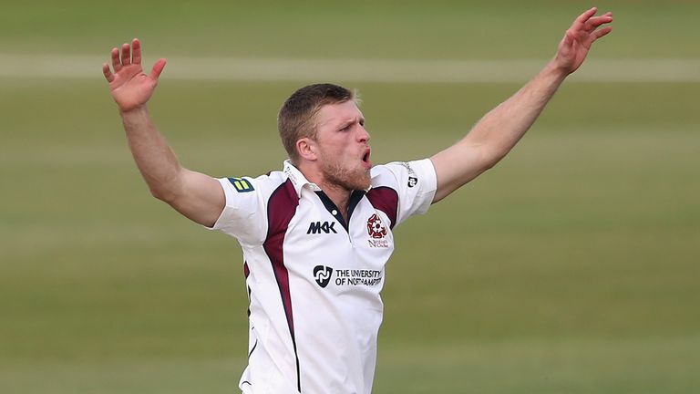 NORTHAMPTON, ENGLAND - APRIL 13:  David Willey of Northants celebrates after taking the wicket of Liam Norwell during the LV County Championship division t