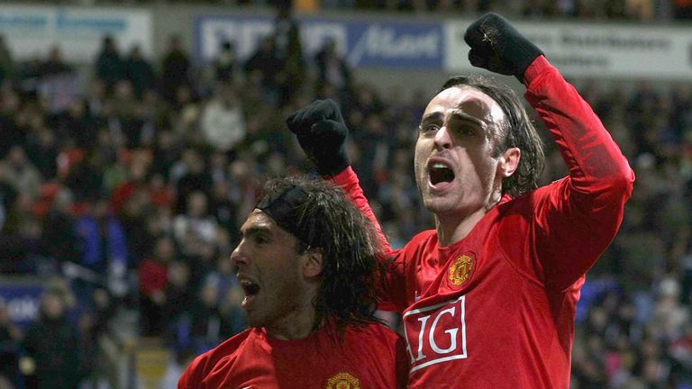 Dimitar Berbatov celebrates scoring their first goal during the Premier League match between Bolton Wanderers and Manchester United in January 2009