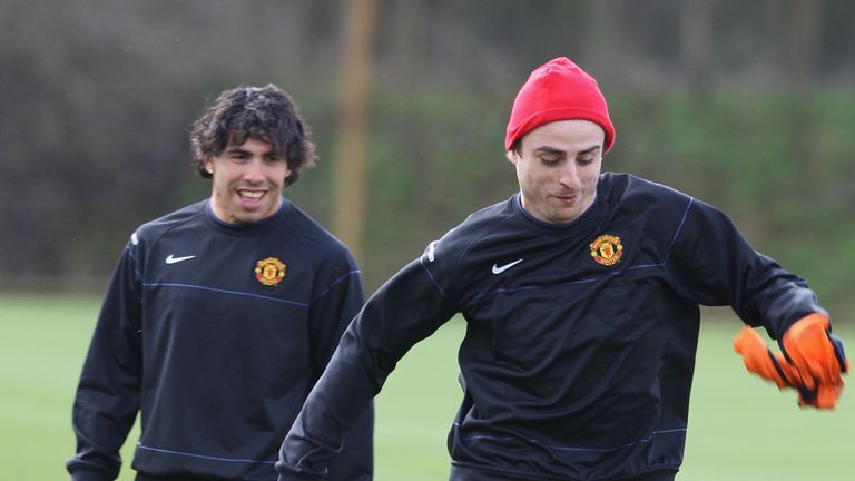 Dimitar Berbatov of Manchester United in action during a training session at Carrington Training Ground on March 10 2009