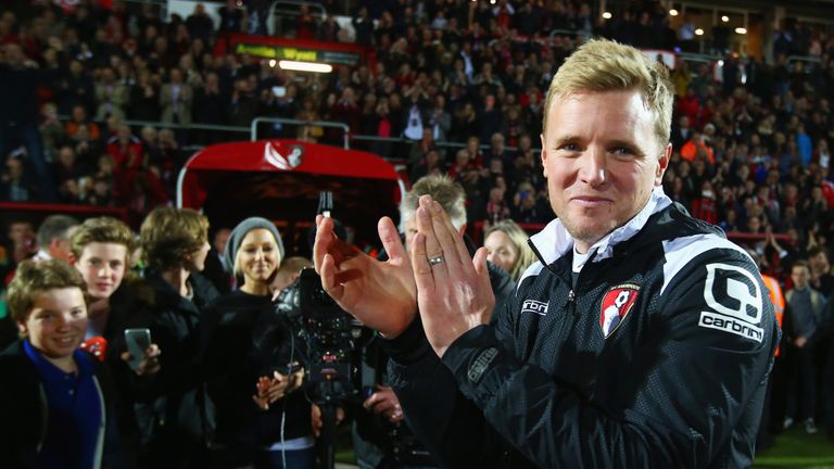 BOURNEMOUTH, ENGLAND - APRIL 27:  Eddie Howe manager of Bournemouth celebrates victory on the pitch after the Sky Bet Championship match between AFC Bourne