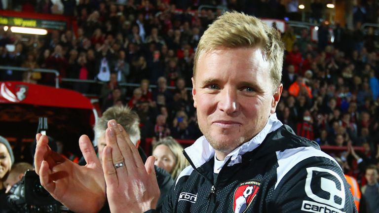 BOURNEMOUTH, ENGLAND - APRIL 27:  Eddie Howe manager of Bournemouth celebrates victory on the pitch 