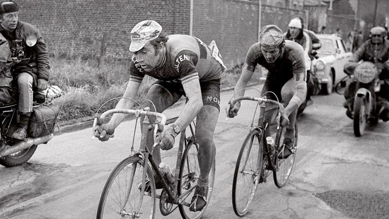 Belgian rider Eddy Merckx is closely followed by his compatriot Roger De Vlaeminck, on April 15, 1973 during the 71st race between Paris-Roubaix