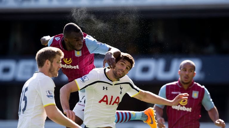 Christian Benteke of Aston Villa scores against Tottenham at White Hart Lane on April 11