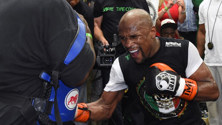 LAS VEGAS, NV - APRIL 14:  WBC/WBA welterweight champion Floyd Mayweather Jr. works out at the Mayweather Boxing Club on April 14, 2015 in Las Vegas, Nevad