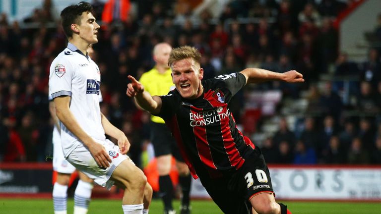 Matt Ritchie of Bournemouth celebrates as he scores their second goal at Goldsands Stadium