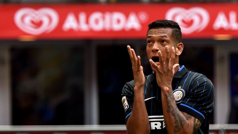 Inter Milan's midfielder from Colombia Fredy Guarin reacts during the Italian Serie A football match Inter Milan vs Parma at San Siro