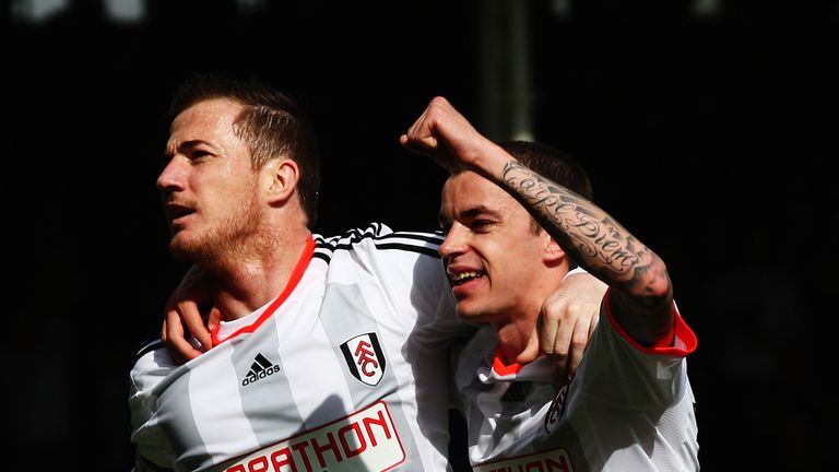 LONDON, ENGLAND - APRIL 25:  (L-R) Ross McCormack of Fulham celebrates with team mate Sean Kavanagh after scoring his sides second goal from the penalty sp