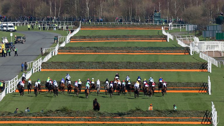 Runners and riders make their way round the course during the Crabbie's Grand National