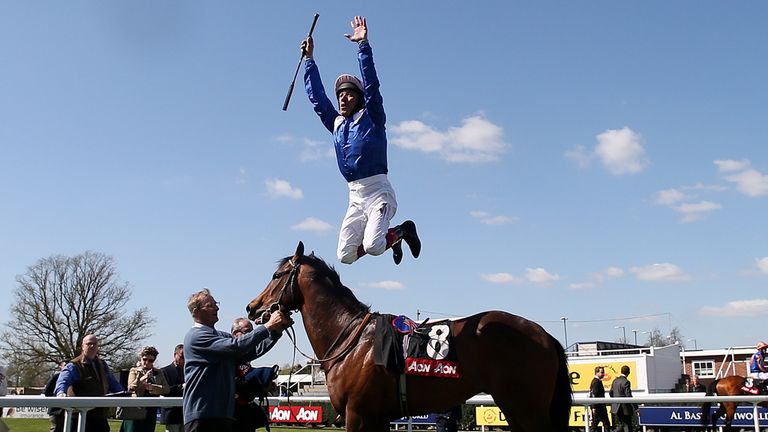 Frankie Dettori celebrates his victory on Muhaarar after the Greenham Stakes at Newbury
