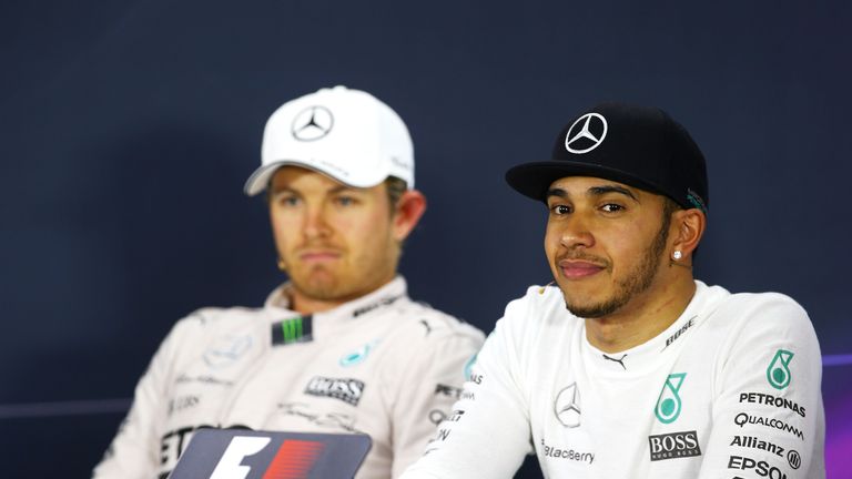Race winner Lewis Hamilton and Nico Rosberg