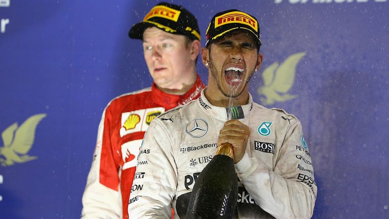 Lewis Hamilton celebrates on the Bahrain podium
