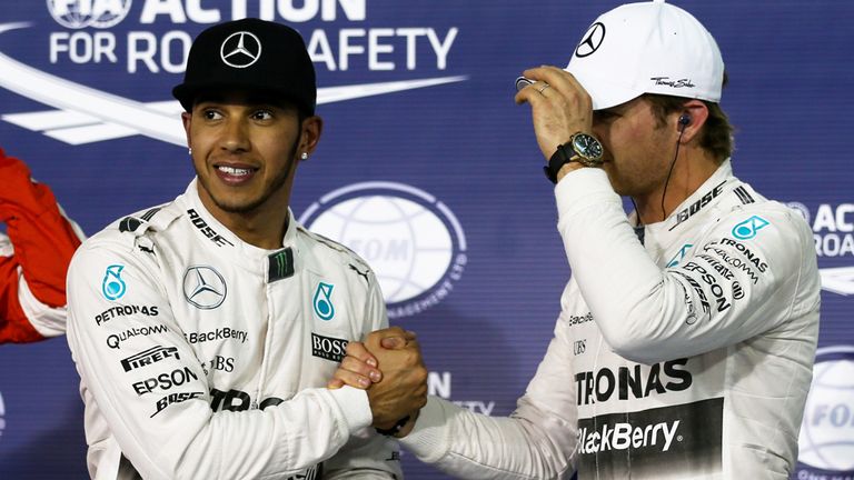 Lewis Hamilton and Nico Rosberg after qualifying in Bahrain
