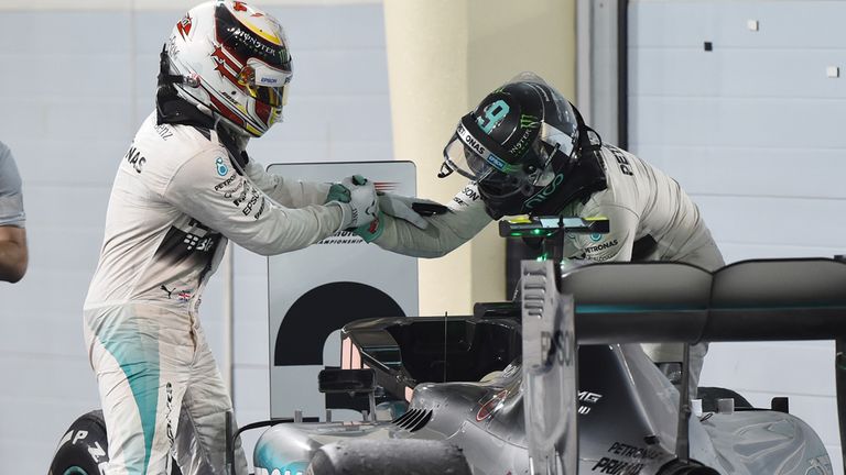 Hamilton is congratulated by Rosberg after the Bahrain GP