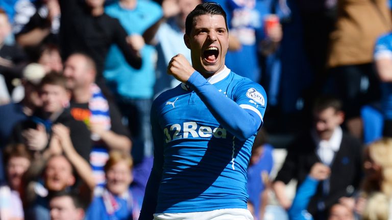 Rangers' Haris Vuckic celebrates after doubling his side's lead against Hearts