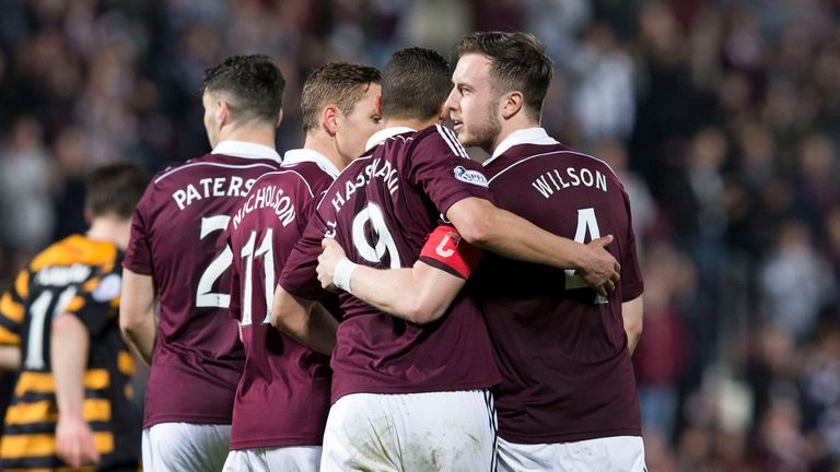 Hearts captain Danny Wilson celebrates after doubling the lead for his side 