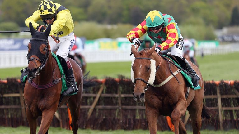 Eventual winner Lil Rockerfeller ridden by Sean Bowen (right) jumps the last with Sternrubin ridden by Richard Johnson in the bet365 Juvenile Handicap Hurd