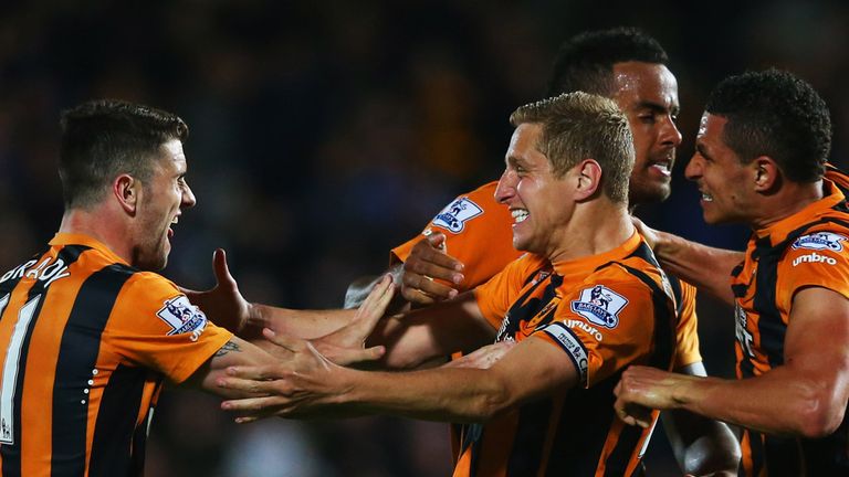 HULL, ENGLAND - APRIL 28:  (L-R) Robbie Brady, Michael Dawson, Tom Huddlestone and Jake Livermore of Hull City celebrate victory after the Barclays Premier