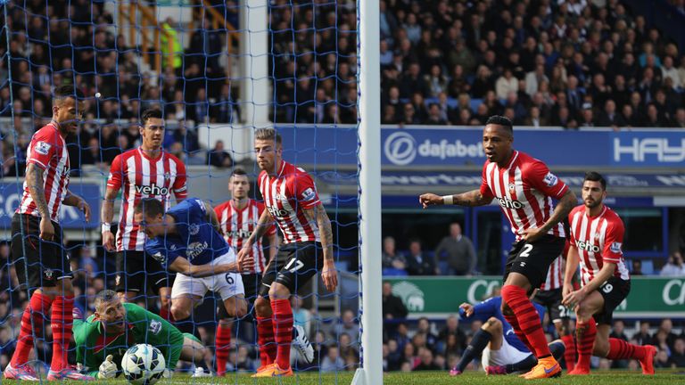 Phil Jagielka of Everton scores the opening goal during the Barclays Premier League match between Everton and Southampton.