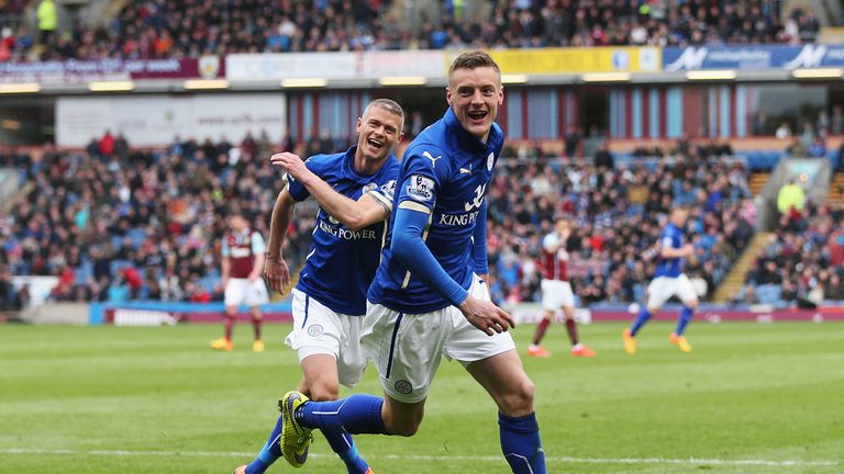 Drama! Jamie Vardy of Leicester City celebrates scoring  the opener, soon after Burnley had missed a penalty