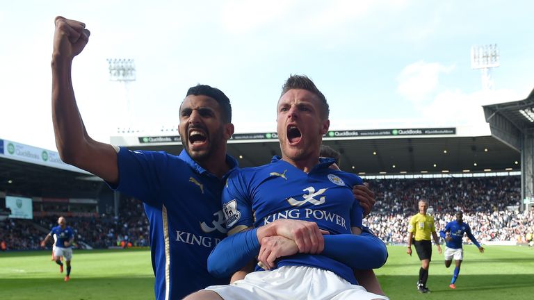 WEST BROMWICH, ENGLAND - APRIL 11:  Jamie Vardy of Leicester City celebrates scoring their third goal with team mates during the Barclays Premier League ma