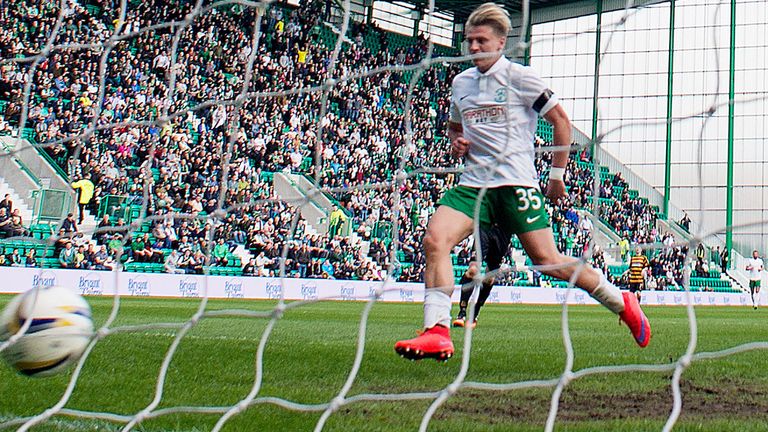 Jason Cummings scores a third goal for Hibs against Alloa at Easter Road where the hosts won 4-1